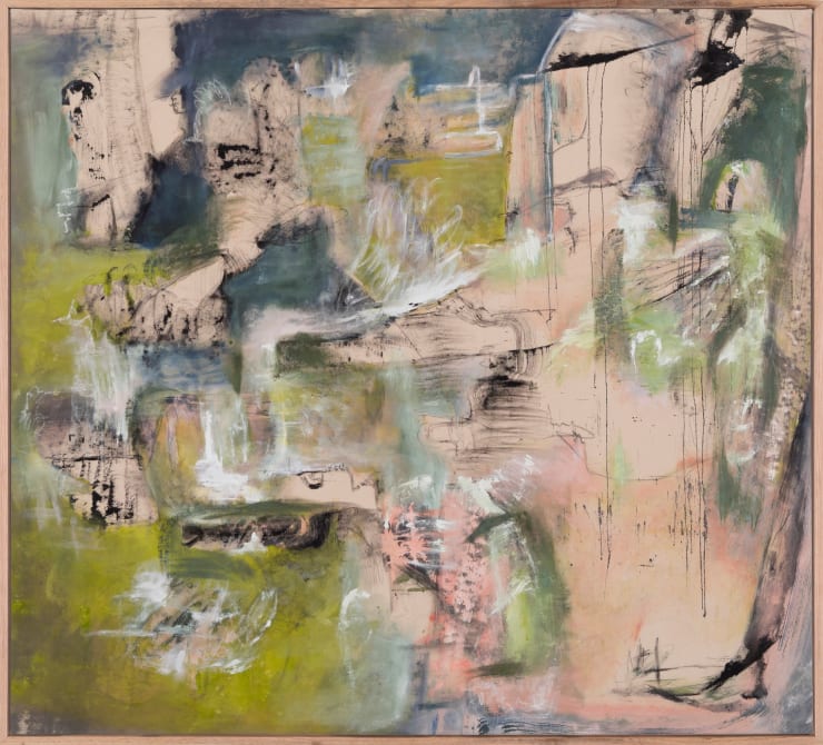 Maya Irving 1995 ~ PresentEstuary of Yearning, 2024 Signed, titled and dated on reverse Charcoal, acrylic and oil pastel on canvas with hand-written poem 137 × 152.5 × 3 cm (unframed) 142 × 156 × 6 cm (framed)