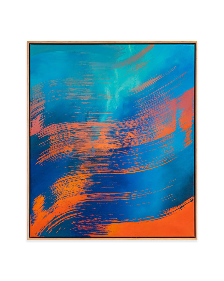 David ‘Meggs’ Hooke 1978 ~ PresentCrosswind, 2025 Titled, signed and dated on reverse Acrylic on canvas in natural Tasmanian oak frame 71 × 61 × 3 cm (unframed) 73 × 63 × 4.5 cm (framed)