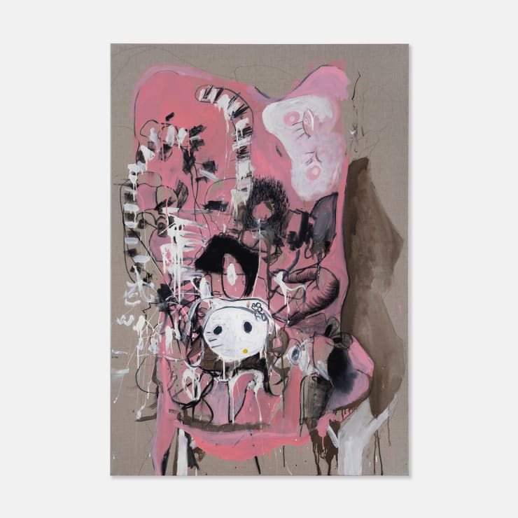 Josh Robbins Monkey, Kirby, Elmo, Duck, Hello Kitty, Stitch, Rabbit, Cloud and Vintage Quilt (Soft Version) Blind Drawing Whilst Being Beaten, 2022 Oil, enamel, acrylic and charcoal on linen 130 × 90 × 3 cm