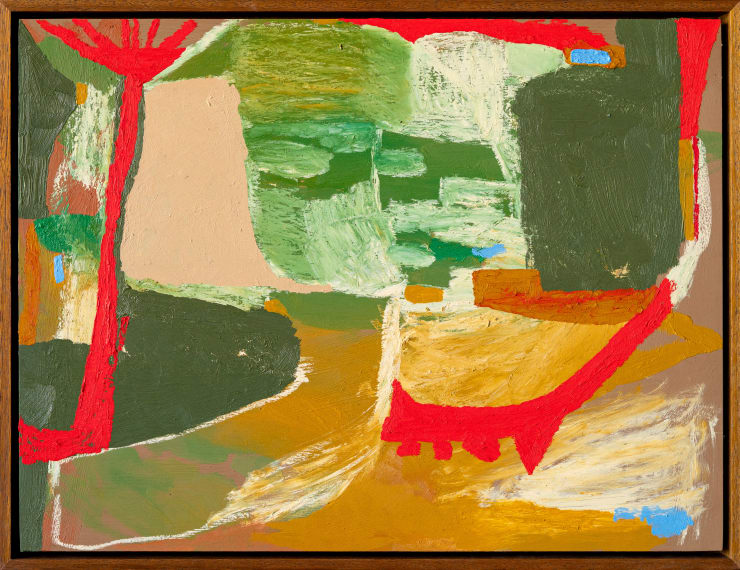 Pia Gynell-Jorgensen With the Forward-Waltzing Legs of a Lowercase H, 2024 Oil on board in natural timber frame 45.5 × 60.5 × 2.5 cm (unframed) 48.5 × 64 × 5.5 cm (framed)