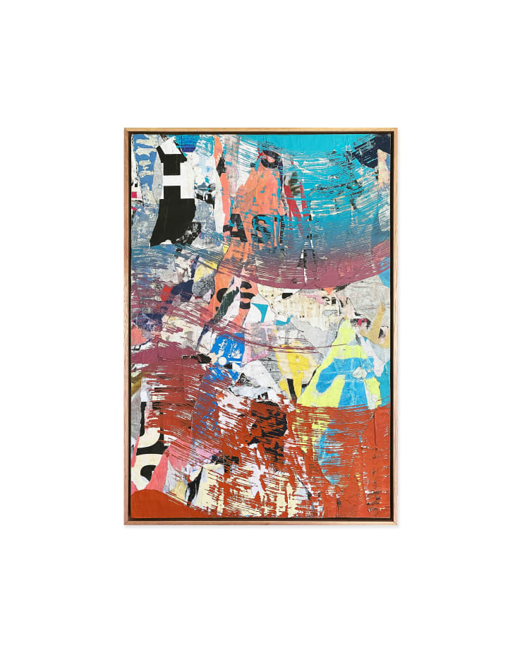 David ‘Meggs’ Hooke 1978 ~ PresentCollective Pause #04, 2025 Titled, signed and dated on reverse Acrylic and salvaged bill posters on timber panel framed in natural Tasmanian oak 60 × 40 × 2 cm (unframed) 62.5 × 42 × 4.5 cm (framed)