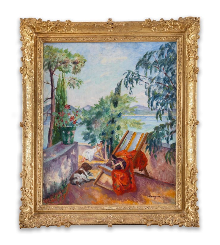 Henri Manguin (1874-1949), Odette et le chien "Barbu" à L'Oustalet, Saint-Tropez, 1934