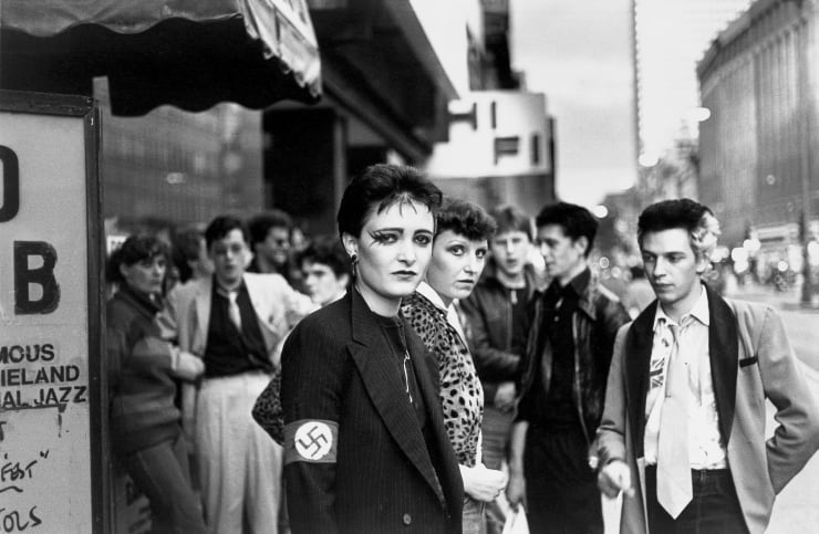 Caroline Coon, Siouxsie outside the 100 Club Oxford Street, preparing for the 100 Club Punk Rock Festival, 1976