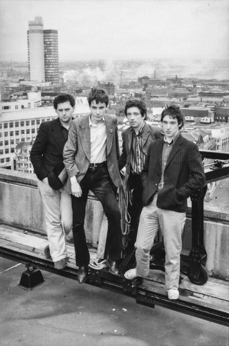 Caroline Coon, Buzzcocks. Garth Smith (bass), John Maher (drums), Pete Shelly (vocals, guitar), Steve Diggle (guitar). Manchester, 1977