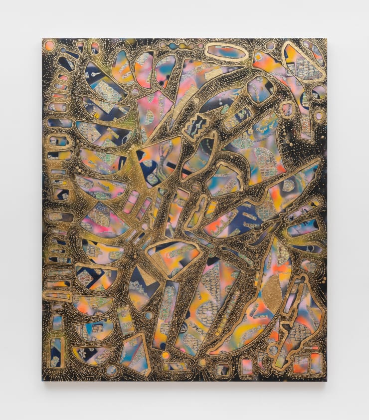 Mindy Shapero Black Dot Portal (Speaking in Tongues), 2025 acrylic, gold, silver and copper leaf on linen 72 x 60 inches