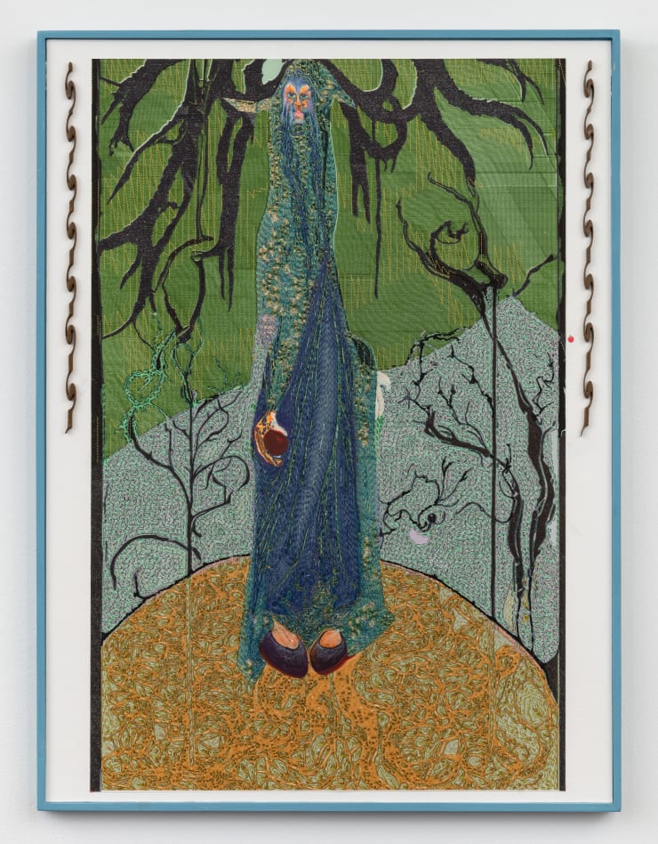 Jacques Louis Vidal Reaching for Fruit in the Gnarled Garden, 2024 archival ink, pencil, and acrylic on paper, laser cut plywood mounted on masonite panel 24.25 x 18.25 inches