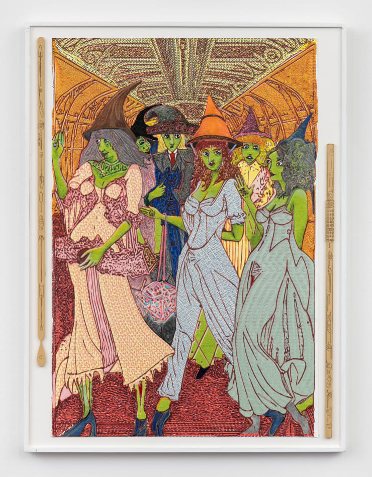 Jacques Louis Vidal Witches on a Train, 2023 archival ink, pencil, and acrylic on paper, laser cut plywood mounted on masonite panel 24.25 x 18.25 inches