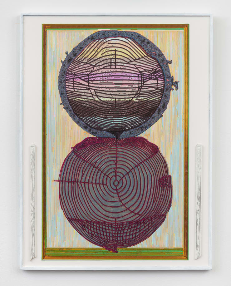 Jacques Louis Vidal One World Drains into the Next, 2023 archival ink, pencil, and acrylic on paper, laser cut plywood mounted on masonite panel 24.25 x 18.25 inches