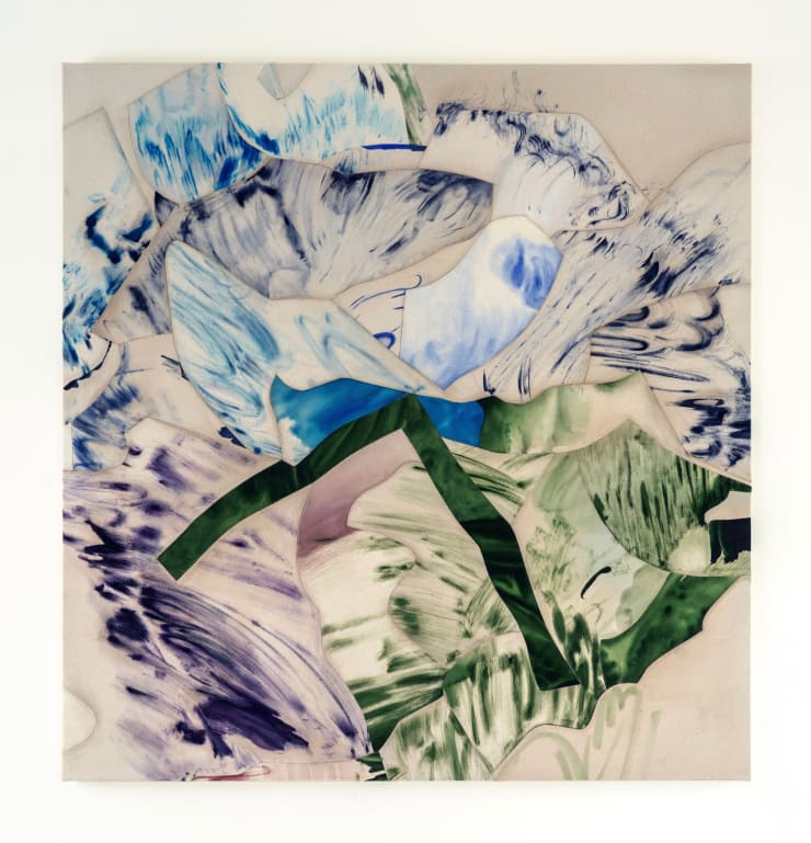 Claire Oswalt Floating Between the Bed and the Floor: 8:24am, 2024 acrylic on sewn canvas 50 x 48 inches