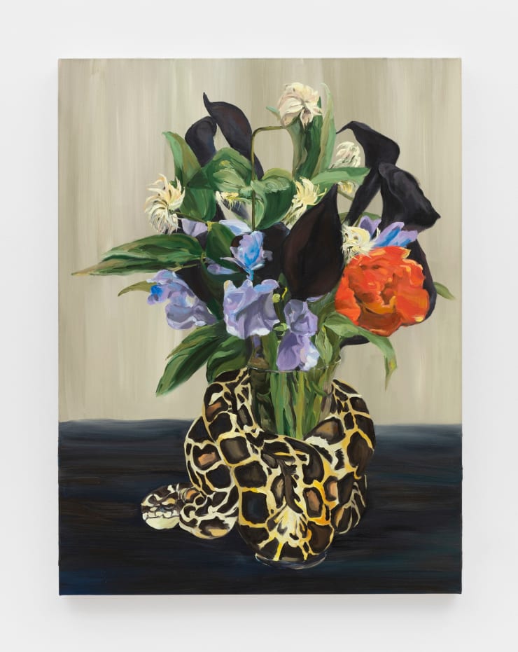 Jo Nigoghossian Ball python vase spiral #2, 2022 oil on canvas 40 x 30 inches