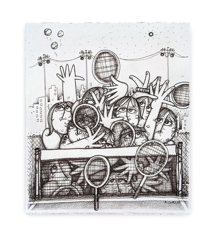 Timothy Curtis Inner City Racket Club, 2025 archival Ink, charcoal and wax crayon on Fabriano watercolor paper 9 x 11 inches