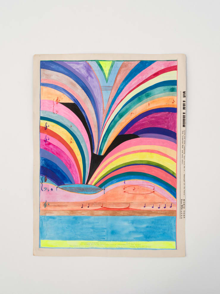 Sarah Cain Just For Now, 2021 acrylic, gouache and watercolor on sheet music 12 x 9 inches 15 x 11.5 inches Framed