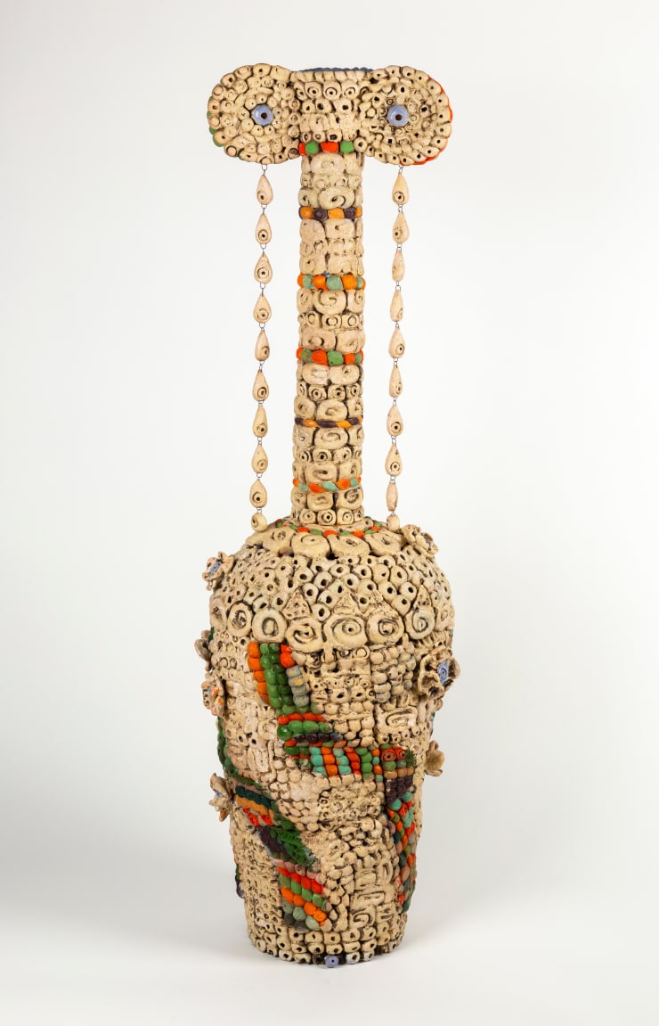 Niki Ford Freaky Greekie, 2024 stoneware, paper clay, underglaze, glaze, mason stain, oxide, nichrome wire, gouache, tung oil and epoxy 44 x 16 x 13.5 inches