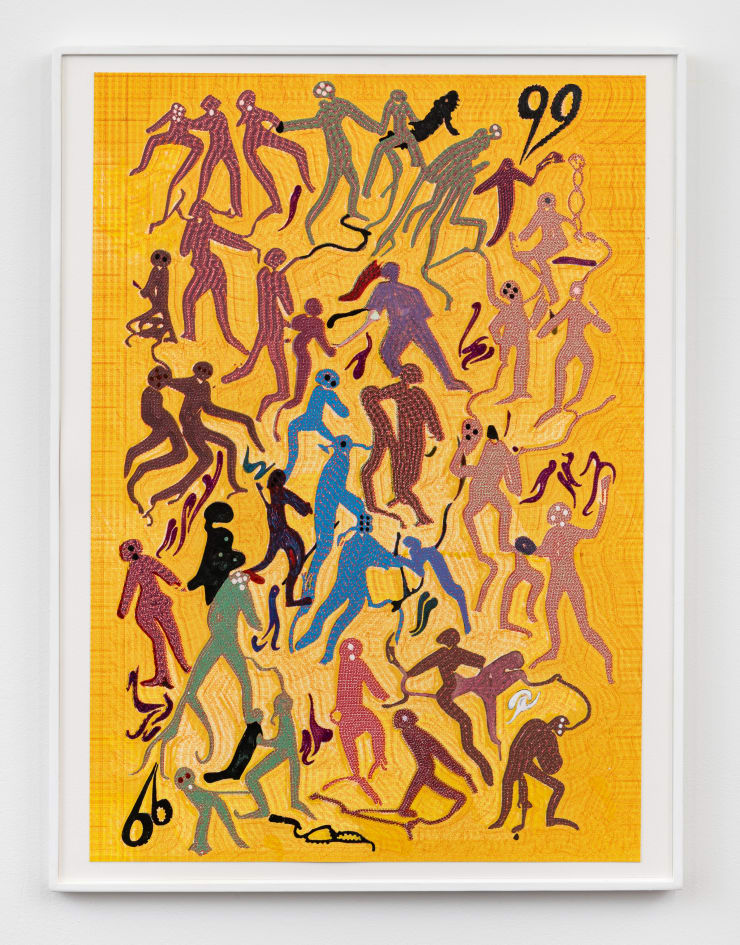 Jacques Louis Vidal 99 Boadrum Audience Missing Out on Something Else, 2024 archival ink, and acrylic on paper mounted on masonite panel 24.25 x 18.25 inches