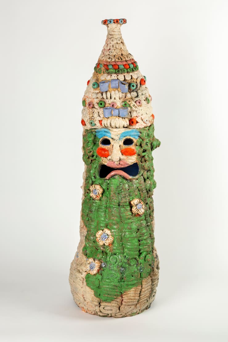 Niki Ford Hibiscus Goes to Pompeii, 2024 stoneware, paper clay, underglaze, glaze, mason stain, tung oil and glitter 41 x 12 x 16 inches