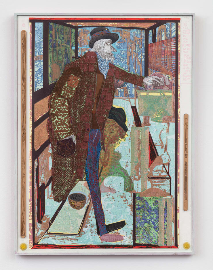 Jacques Louis Vidal Old Hobo with an Old Friend Learning New Tech, 2023 archival ink, pencil, and acrylic on paper, laser cut plywood mounted on masonite panel 24.25 x 18.25 inches