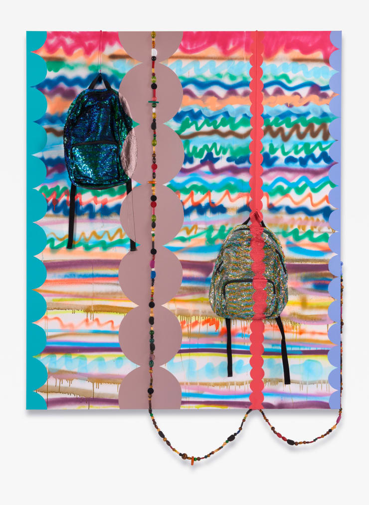 Sarah Cain back to school, 2021 acrylic, thread and backpacks on canvas 72 x 60 inches