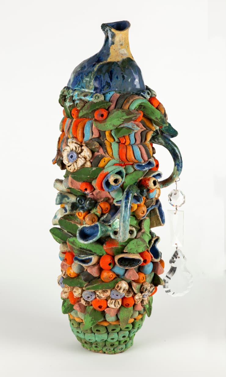 Niki Ford Fruit Boy, 2024 stoneware, underglaze, glaze, oxide, epoxy, nichrome wire, gouache, tung oil and crystal chandelier parts with wire 22 x 8 x 8.5 inches