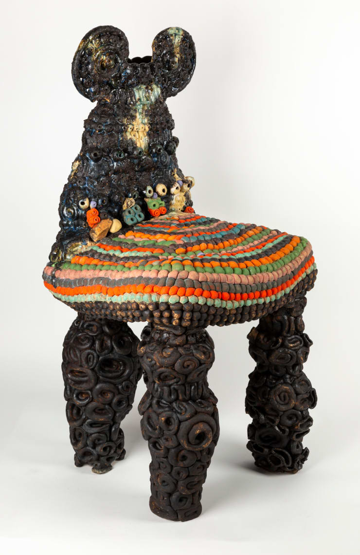 Niki Ford Exquisite Corpse, 2024 stoneware, paper clay, underglaze, glaze, mason stain, oxide, epoxy, tung oil and desert rocks 39 x 18 x 18 inches