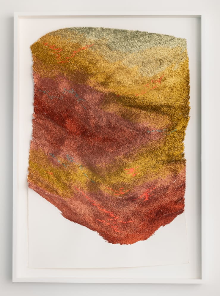 Jessie Henson Shield I, 2024 Polyester and rayon thread on paper 32 x 22 x 1 inches 37 7/16 x 26 7/16 x 2 9/16 inches framed