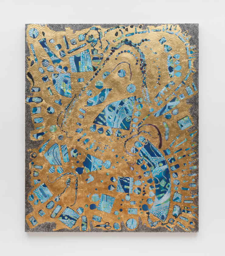 Mindy Shapero Black Dot Portal (Celestial Blindness), 2025 acrylic, gold, silver and copper leaf on linen 72 x 60 inches