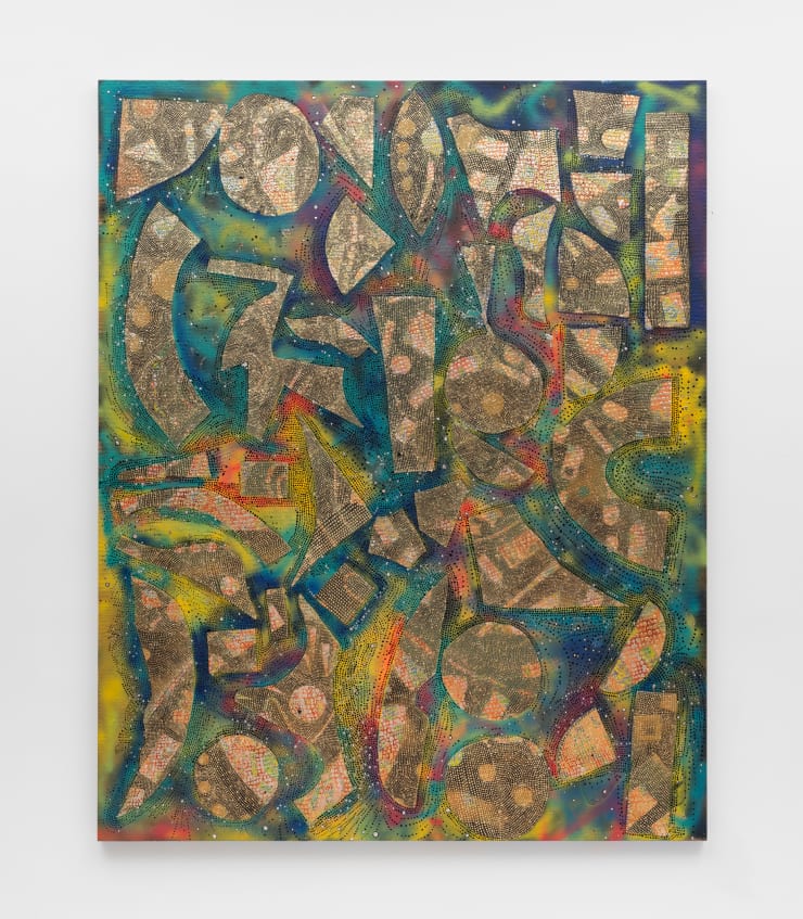 Mindy Shapero Black Dot Portal (Cave Dreams), 2025 acrylic, gold and silver leaf on linen 90 x 72 inches