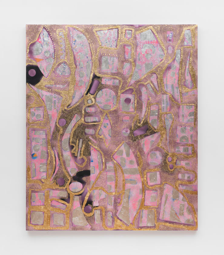 Mindy Shapero Black Dot Portal (A Thousand Years of Sleep), 2025 acrylic, gold, silver and copper leaf on linen 72 x 60 inches