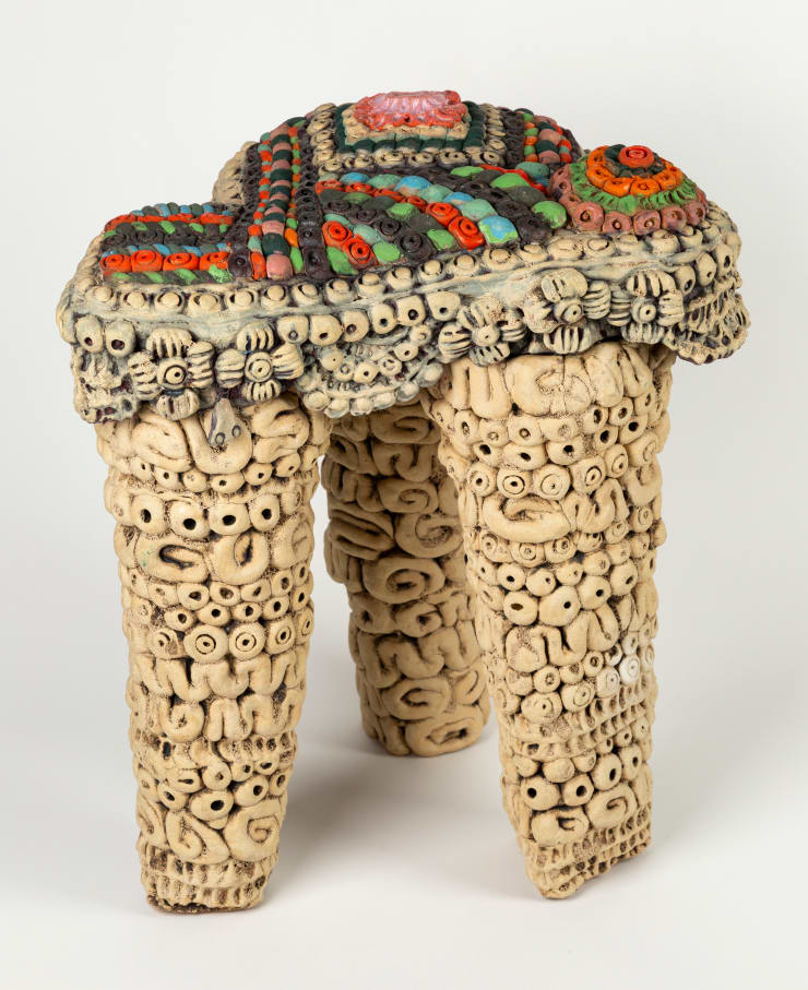 Niki Ford Young Merlin Goes to Pompeii, 2024 stoneware, glaze, underglaze, mason stain, oxide, gouache, nichrome wire, tung oil and epoxy 21 x 17 x 14 inches