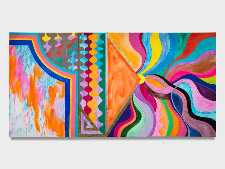 Sarah Cain the enormity of love and loss, 2023 rope, gold leaf, acrylic, beads, gel medium, string, uv sealant on 3 canvases 88 x 175 x 3 inches