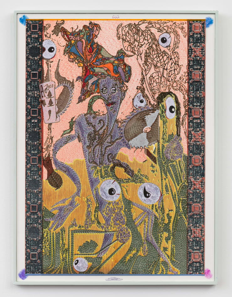 Jacques Louis Vidal Conversion Rates from the Edge, 2023 archival ink and acrylic on paper, fingerprints, collage elements mounted on masonite panel 24.25 x 18.25 inches