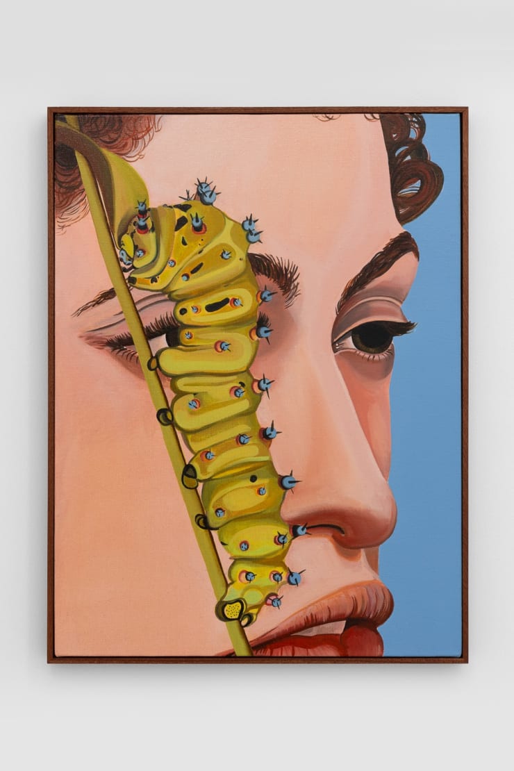 Yellow caterpillar crawls by person's face in a painting by Alan Stanners