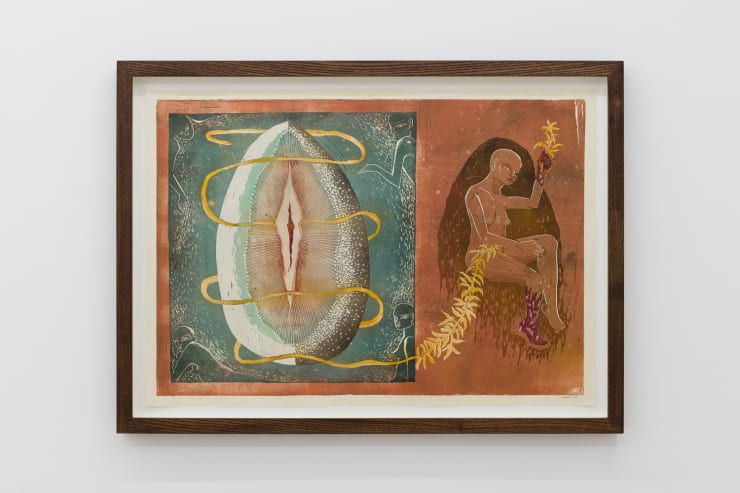 Egg with eel and female figure print by Alexi Marshall