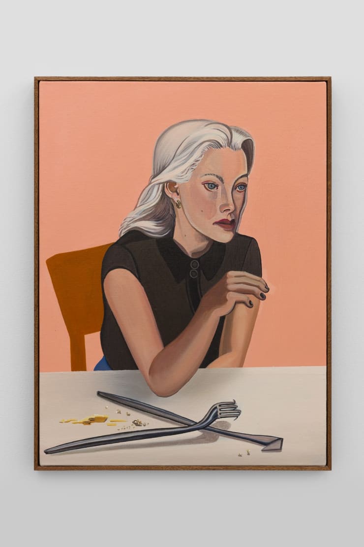 Woman at a table with pink background in a painting by Alan Stanners