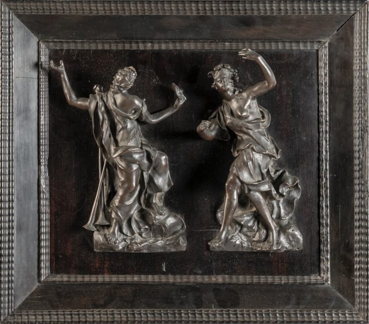 FRANCESCO BERTOS, TWO BRONZE ALLEGORICAL FIGURES MOUNTED ON WOODEN PLAQUE