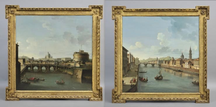 Antonio Joli, Pair of paintings depicting: Florence, view of the Arno River towards Ponte della Santa Trinità and Ponte Vecchio; Rome, View of the River Tiber with Castel Sant'Angelo and the Basilica of St. Peter
