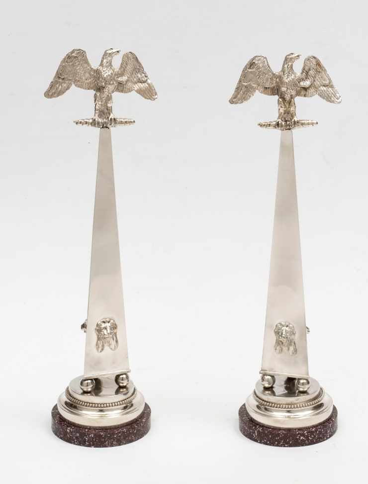 Giovanni Valadier, A rare pair of silver obelisks with a porphyry base, Rome, 1790 circa