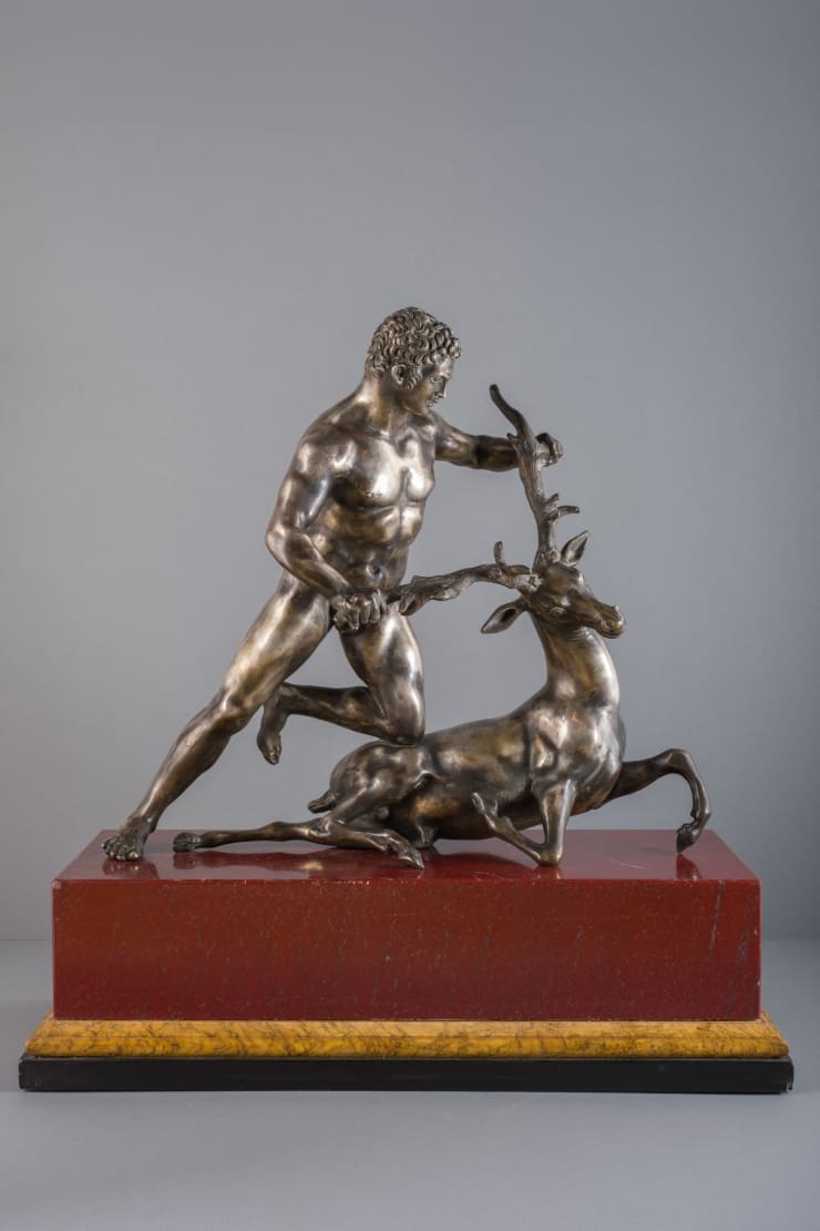 SILVER SCULPTURE HERCULES WITH DEER, Northern Italy, end of 19th Century