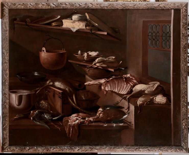 Lombard school, Still life painting with poultry and kitchen tools, XVII century