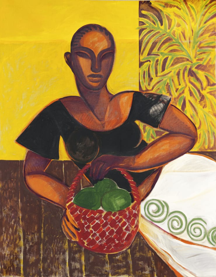 Rachel Marsil, Panier rouge et vue sur palmier, 2024