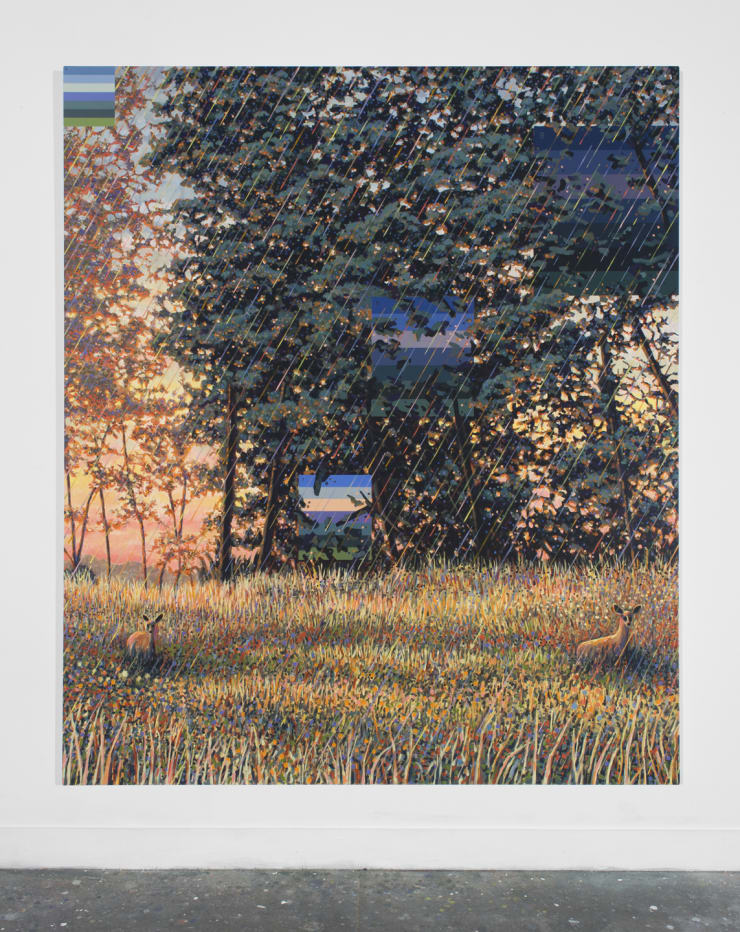 A painting of a deer in the middle of grassy landscape