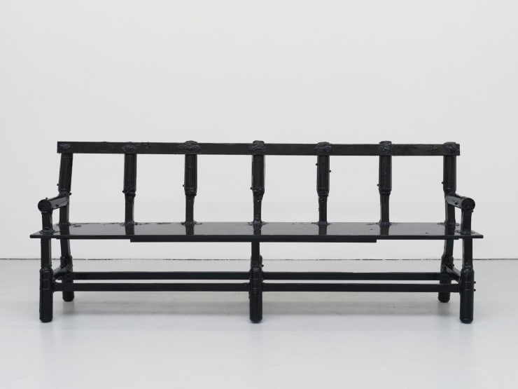 Tom Bull I haven’t fucked much with the past but I’ve fucked plenty with the future, 2024 Bitumen, NOS canisters, wood, metal inserts, expanding foam, cable ties, varnish 97 x 244 x 44 cm 38 1/4 x 96 x 17 3/8 in