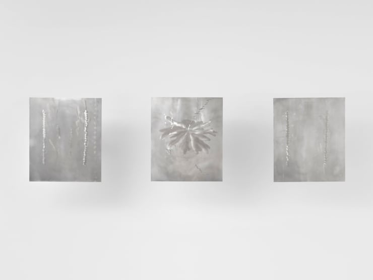 Elli Antoniou tending towards sedateness: phase one, phase two, phase three, 2024 Stainless steel with kinetic stand 35 x 30 cm 13 3/4 x 11 3/4 in (each panel)