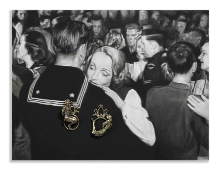 Nina Mae Fowler Marlene (Knockers IV), 2013 Black chalk on paper and brass 106 x 138 cm