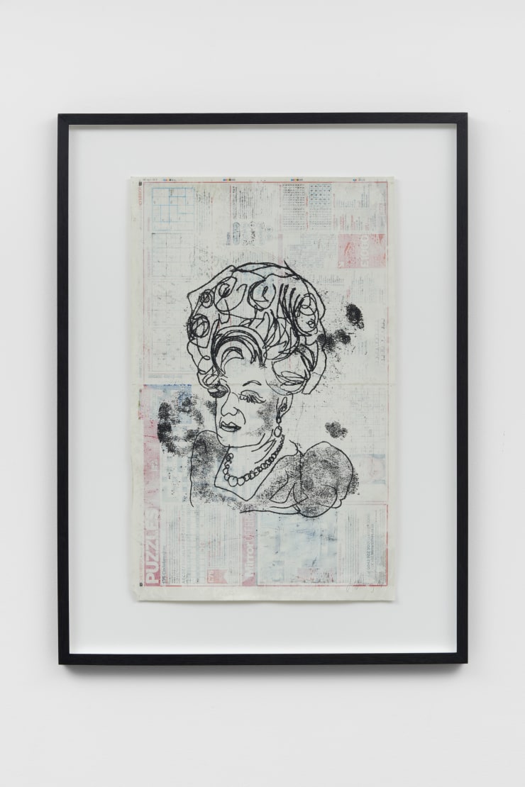 Joe Sweeney Palimpsest Series: Girl With A Little Bit Extra , 2019 Screen print, newspaper, acrylic paint Paper size 570mm x 360mm Frame size 745mm x 560mm