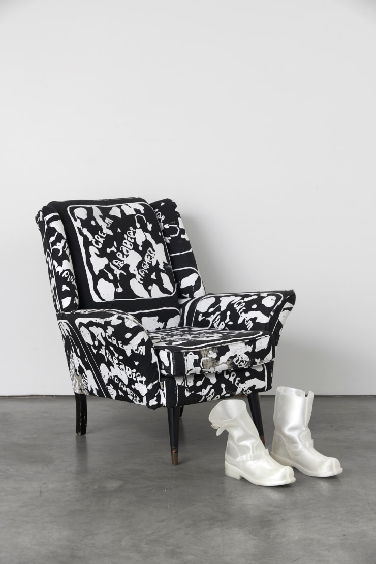 Joe Sweeney Cream Crackered, 2019 Hand screen printed linen, armchair
