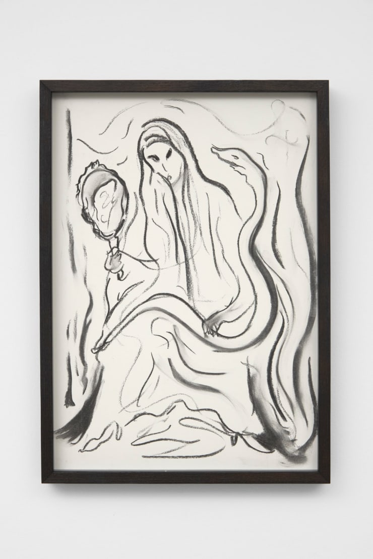 Zoe Williams Lair of the White Worm, 2021 Charcoal on paper, charred wood frame 42 x 29.7 cm