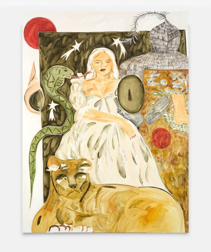 Faye Wei Wei Lady, Three White Leopards Sat Under a Juniper Tree, 2017 Signed and dated on the reverse 183 x 137cm