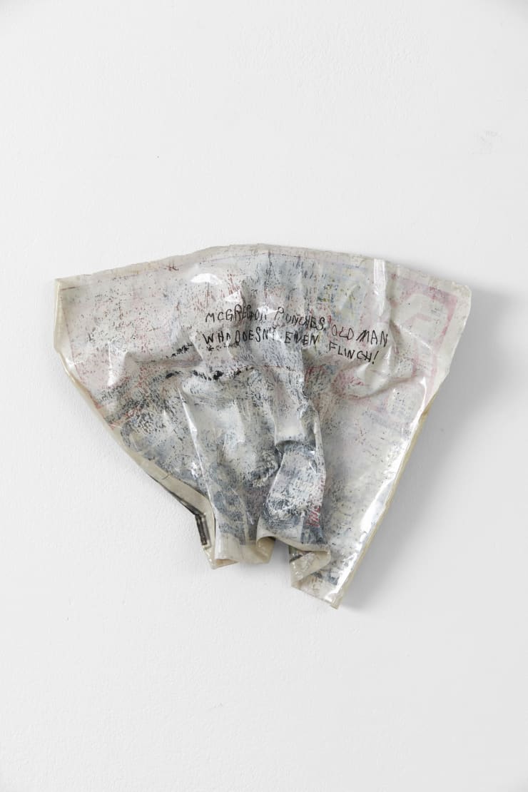 Joe Sweeney Conor McGregor punches old man who doesn’t even flinch, 2019 Screen printed newspaper, resin laminate