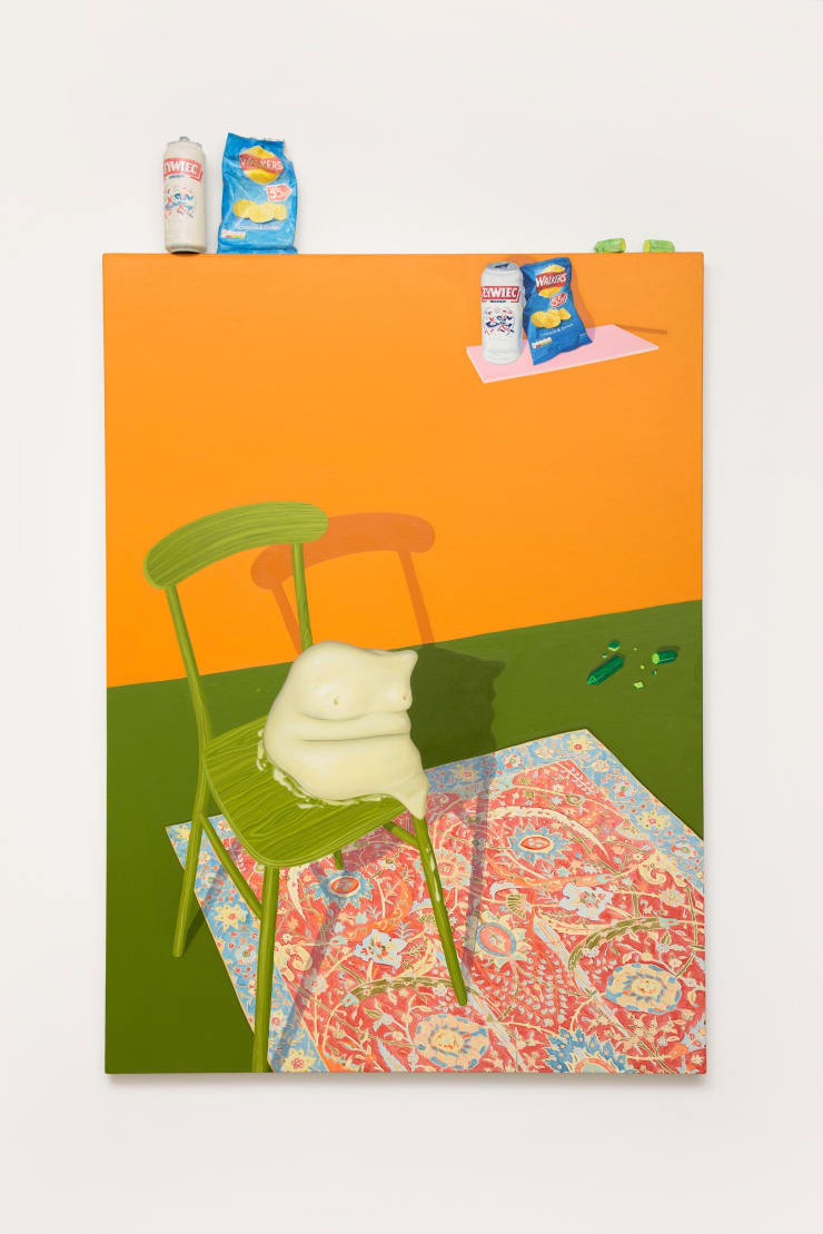 Tristan Pigott b.1990Artist As Medium, 2017 Signed and dated on the reverse Oil on linen, oil painted beer can, crisp packet, papier-mâché 140 x 95cm