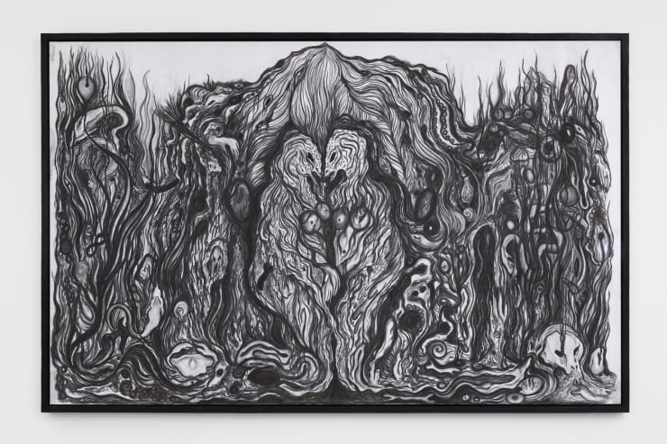 Zoe Williams Conjunction Magma (Splitting anxiety), 2021 Charcoal on paper, charred wood frame 150 x 250 cm